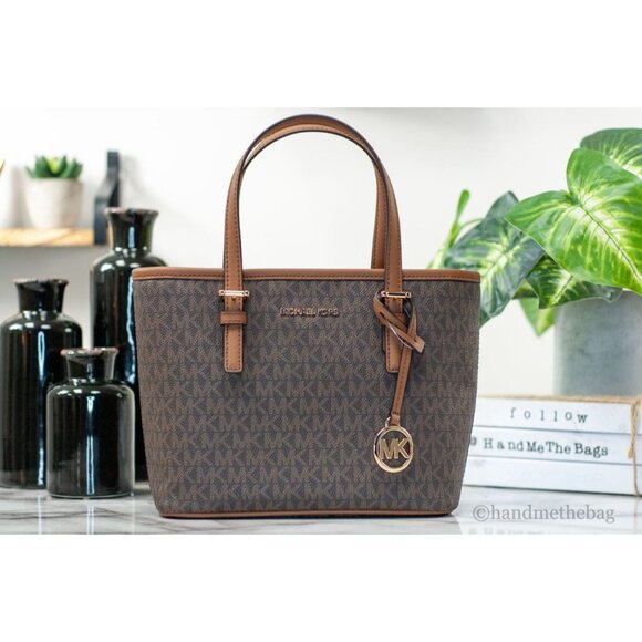 NEW MK Michael Kors Jet Set Brown XS CarryallTote Top Zip Crossbody Handbag